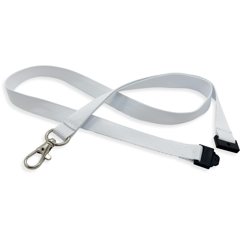 Cordon tramé PREMIUM 15 mm avec mousqueton et clip sécuritaire - Blanc